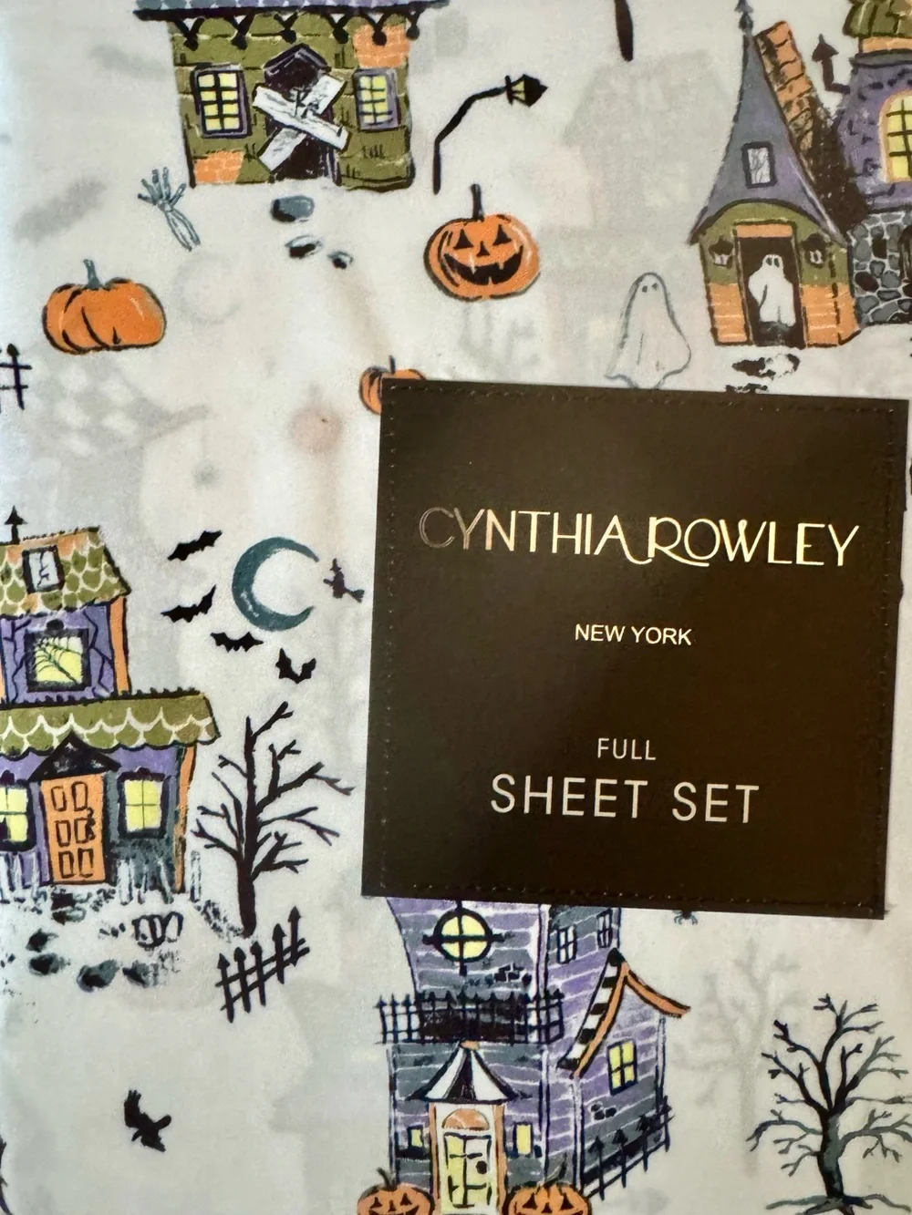 Cynthia Rowley Halloween Village Full Sheet Set - White, Purple & Orange Accents